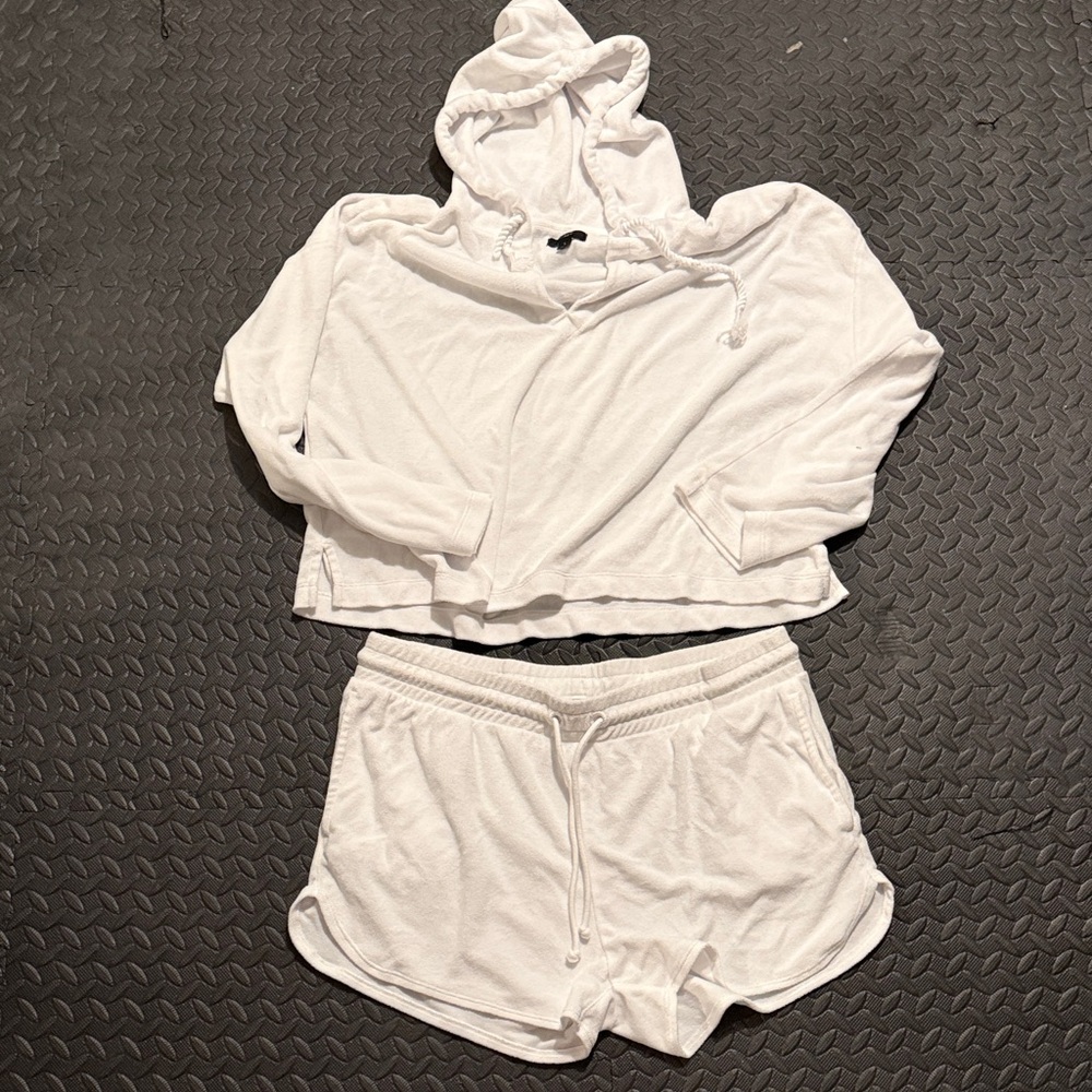 J. Crew White Hooded Coverup Terry Top with Matching White Drawstring Shorts set